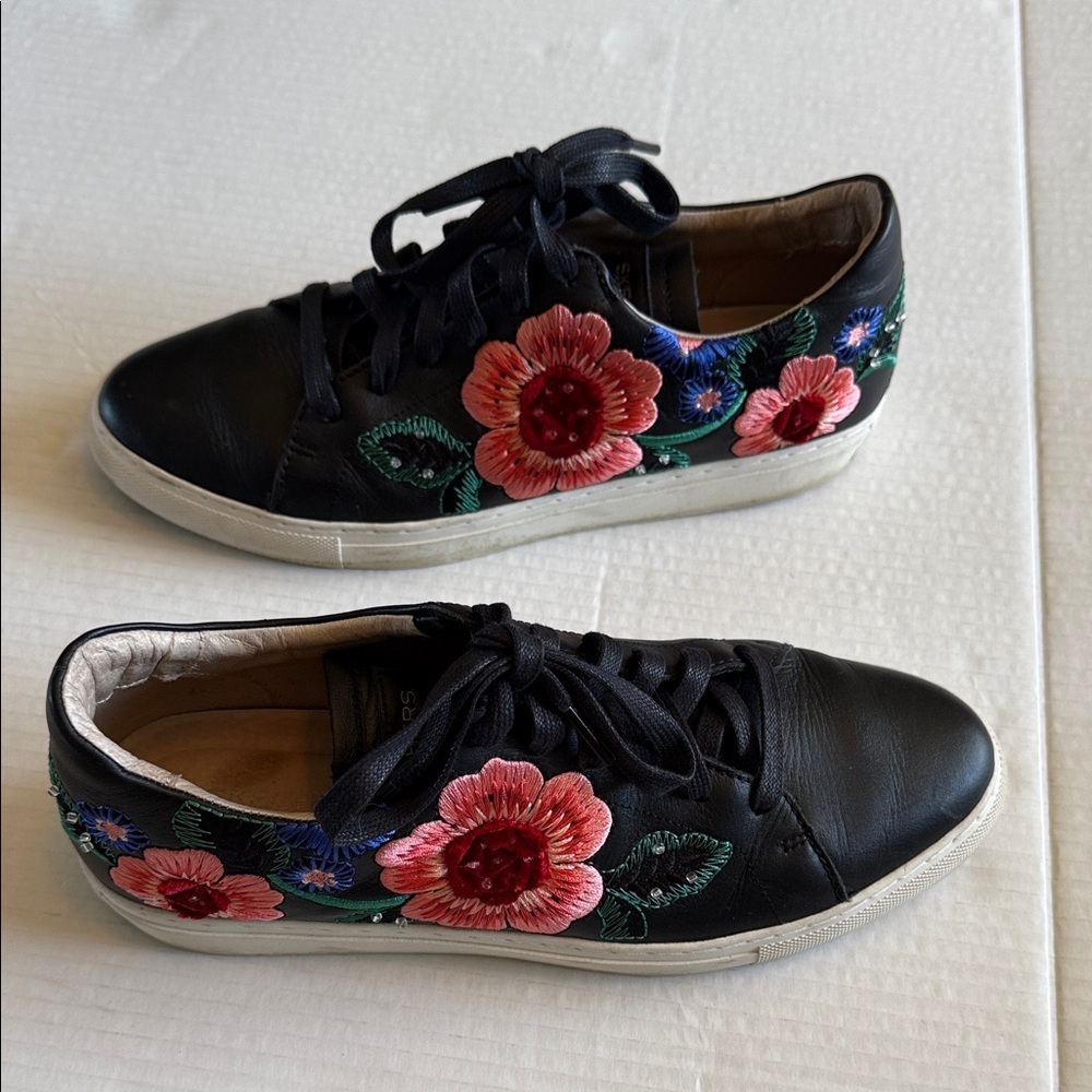Skechers - VASO PINTAR Black Leather Embroidered Bright Flowers Sneakers - 10 - Picture 2 of 11